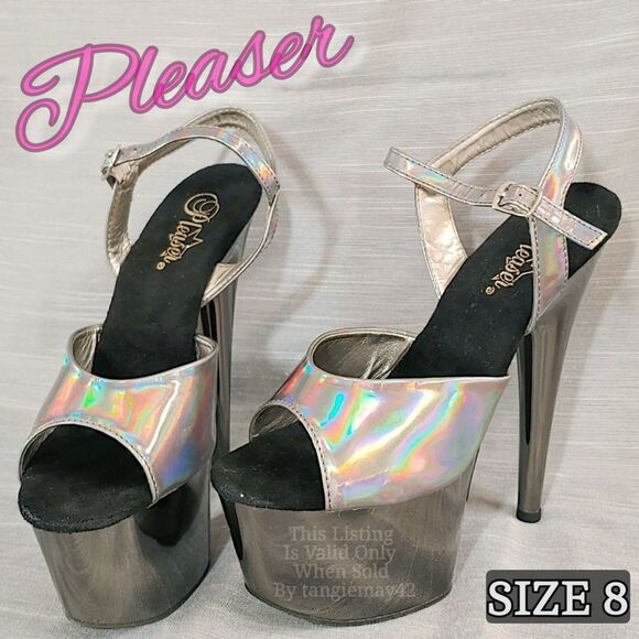 Pleaser Silver Holographic Ankle Strap Open Toe Platform High Heels Womens 8 - Picture 1 of 12